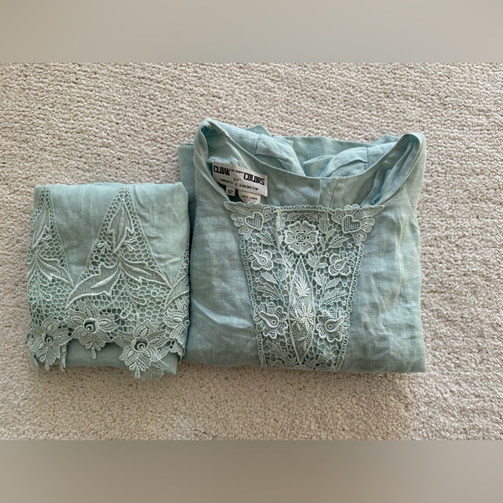 Cloak Of Many Colors Liberty & Lucrezia Set Sz 12 Linen Lace Mint Top Skirt VTG - Picture 14 of 14